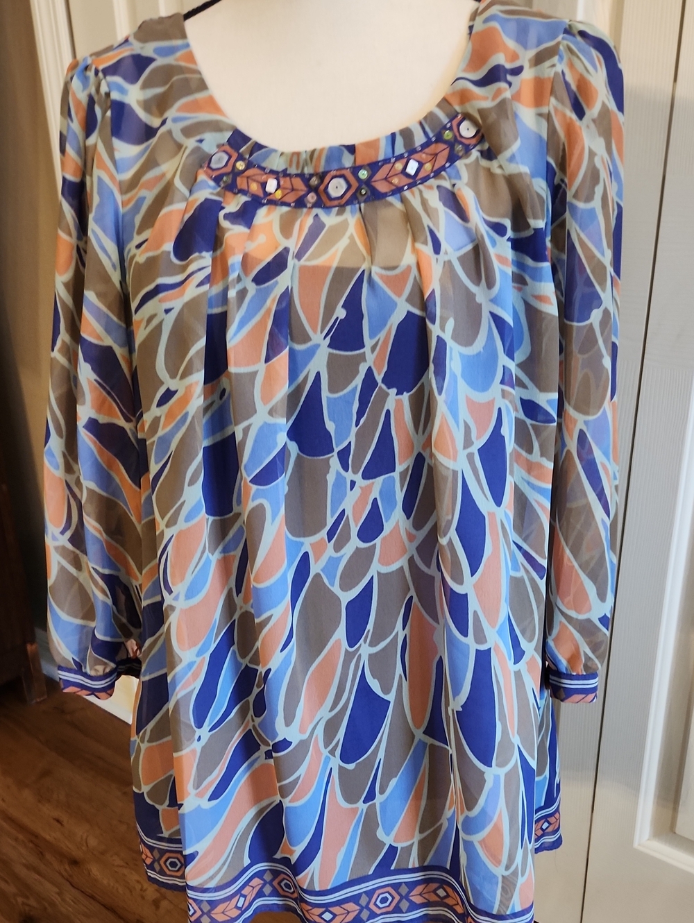 Nicole Miller, Women's Blue Multi-Color Printed Peasant Blouse, 2 Piece, Large